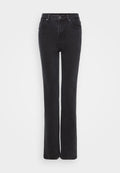 Hochtaillierte schwarze Jeans aus Denim mit geradem Bein, ausgestattet mit fünf Taschen und einem Frontknopfverschluss. Schutzweiche Textur und minimale Nähte.