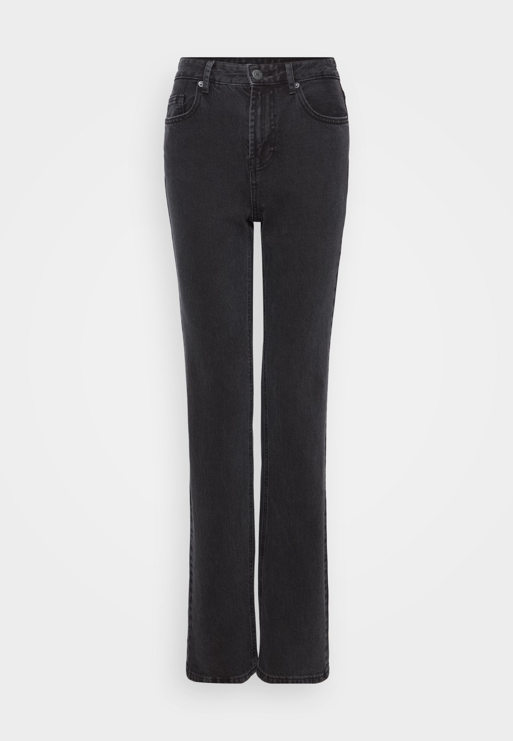 Hochtaillierte schwarze Jeans aus Denim mit geradem Bein, ausgestattet mit fünf Taschen und einem Frontknopfverschluss. Schutzweiche Textur und minimale Nähte.