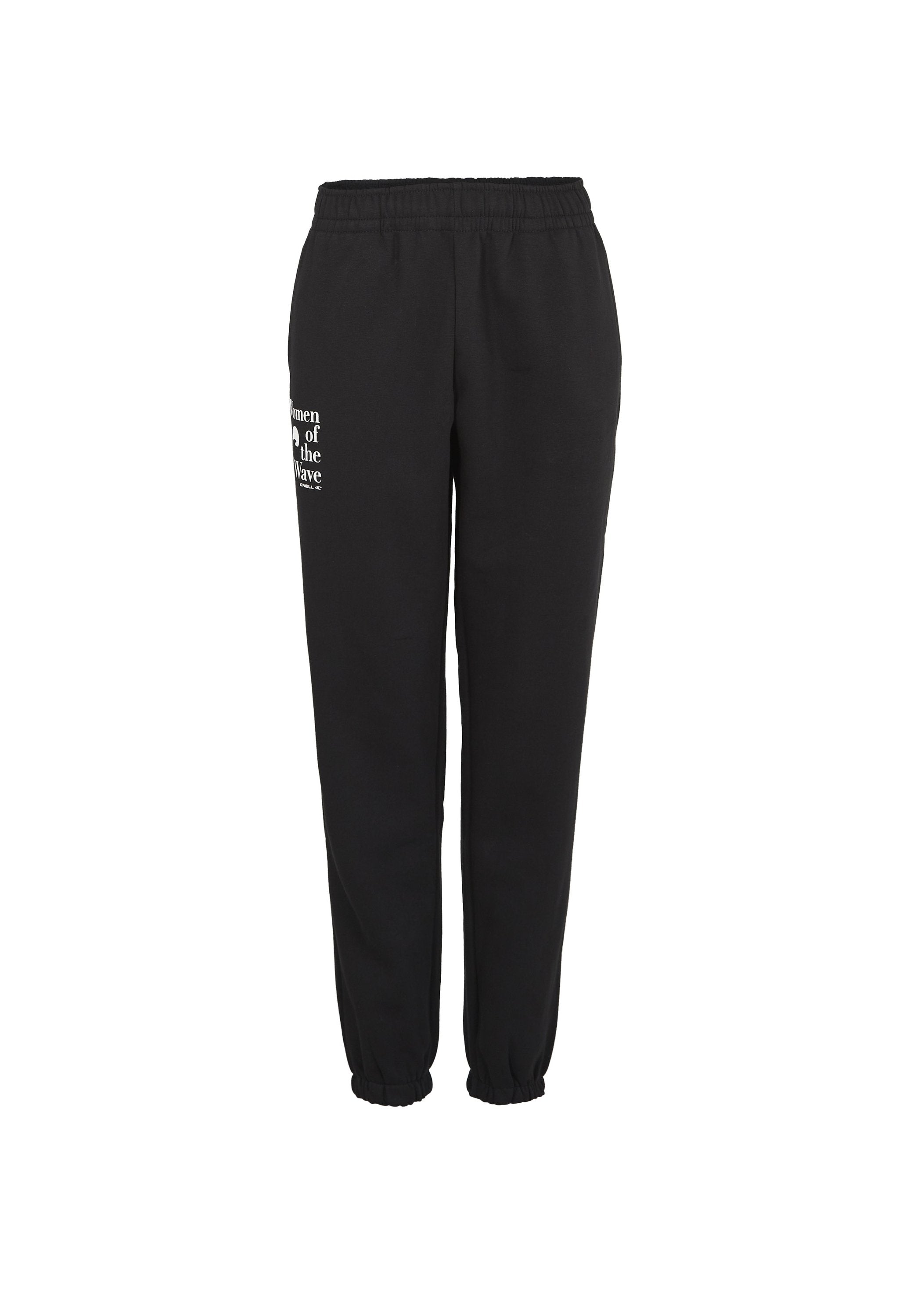 Schwarze Sweatpants aus einem Baumwollmischgewebe, mit elastischem Bund und Bündchen, und weißem Drucktext auf dem linken Bein.