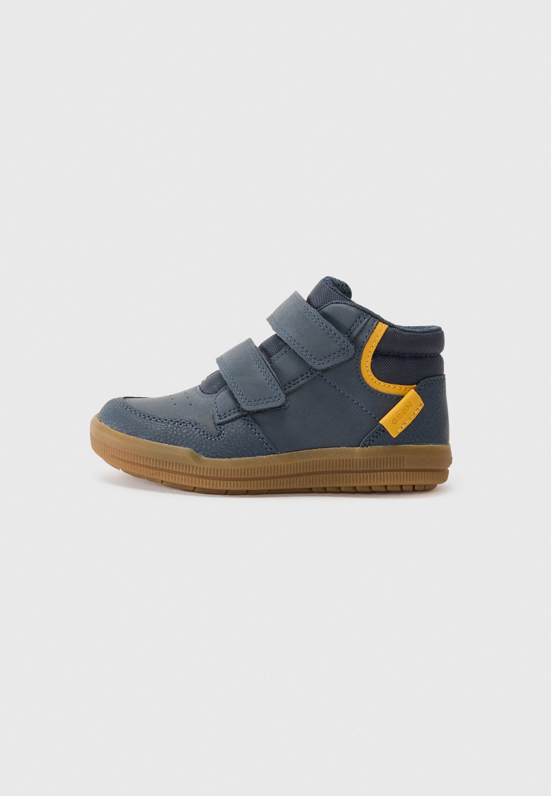 Blaue High-TopSneaker mit doppeltem Klettverschluss, Gummisohle und einem Senffarbigen Akzent an der Ferse. Hergestellt aus strukturierten synthetischen Materialien.
