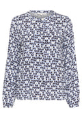 Langärmlige Bluse mit einem geometrischen Muster in Marineblau, Hellblau und Creme, runder Ausschnitt und Knopfleiste.