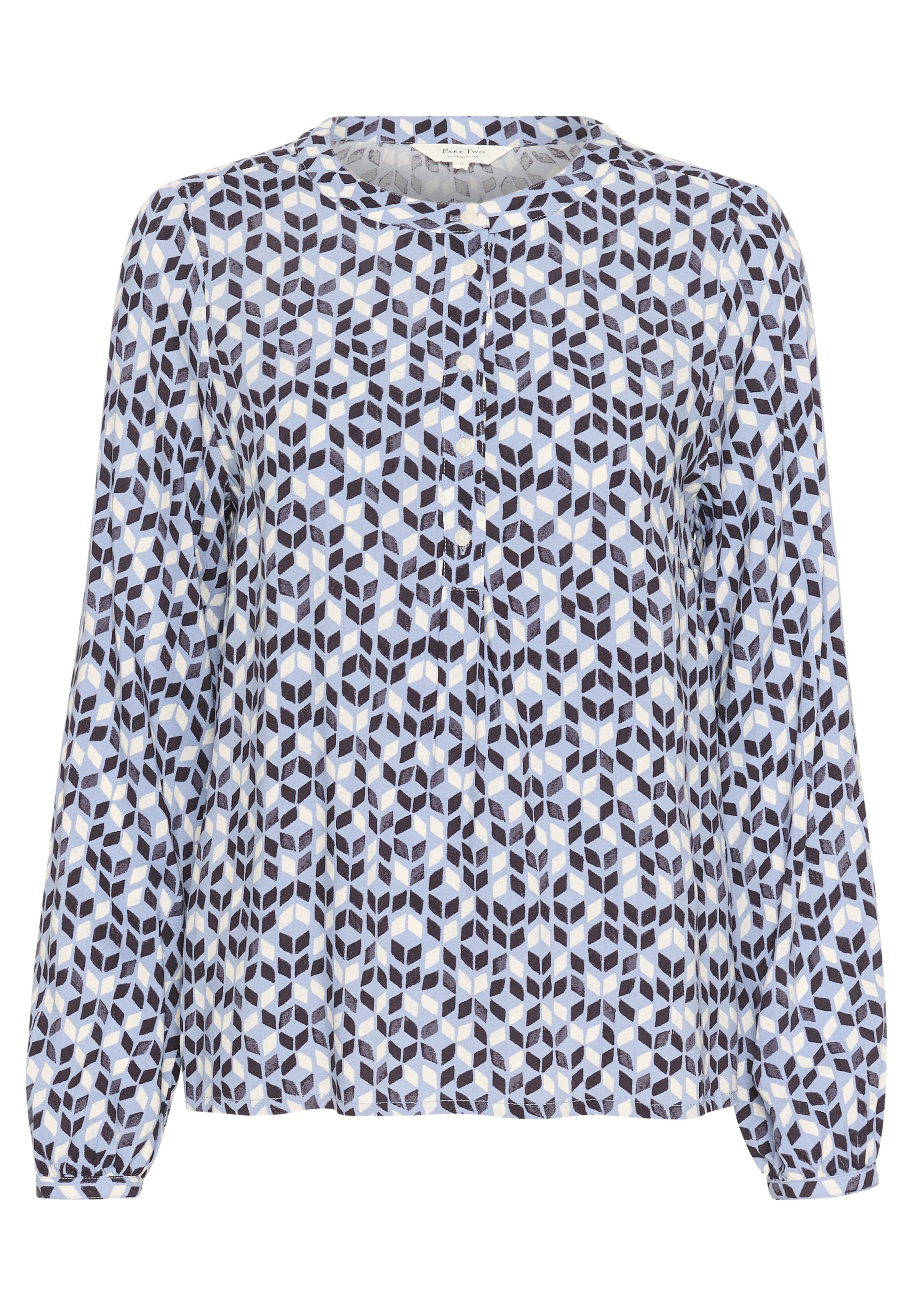 Langärmlige Bluse mit einem geometrischen Muster in Marineblau, Hellblau und Creme, runder Ausschnitt und Knopfleiste.