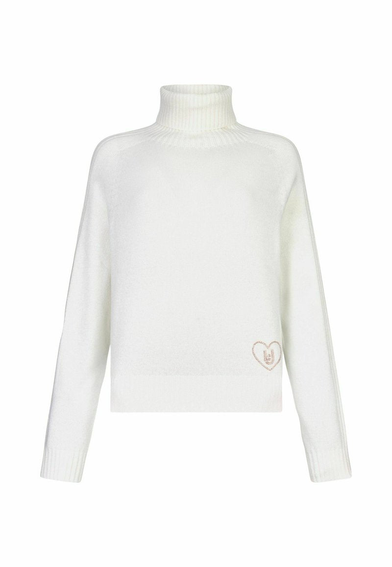 Weißer Rollkragenpullover mit einer lockeren Passform, gerippten Bündchen und Saum. Mit einem kleinen pinken Herzstickerei in der unteren linken Ecke.
