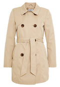 Beige Trenchcoat aus glattem Stoff mit doppelreihiger Knopfleiste, einem Gürtel in der Taille und zwei seitlichen Taschen.