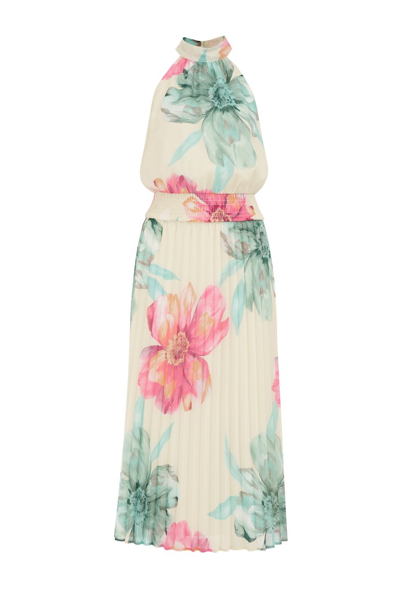 Blumenkleid mit Neckholder in Creme mit rosa und türkisfarbenen Blumenmustern. Verfügt über einen gerafften Bund und einen faltigen Rock für zusätzlichen Textur.