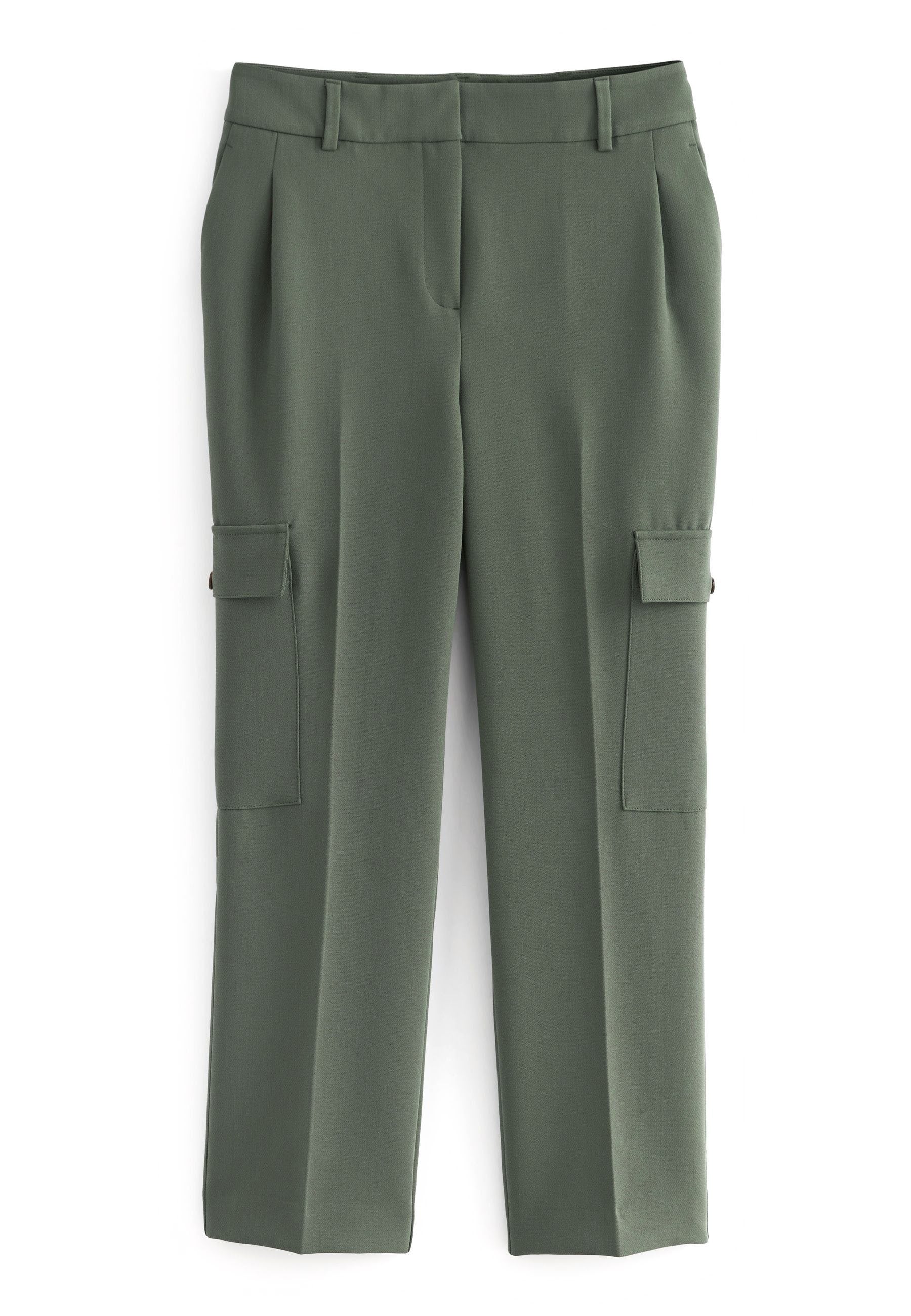 Olivgrüne Hose mit geradem Schnitt, ausgestattet mit zwei Seitentaschen, schmal zulaufendem Bein und einem glatten, strukturierten Stoff.