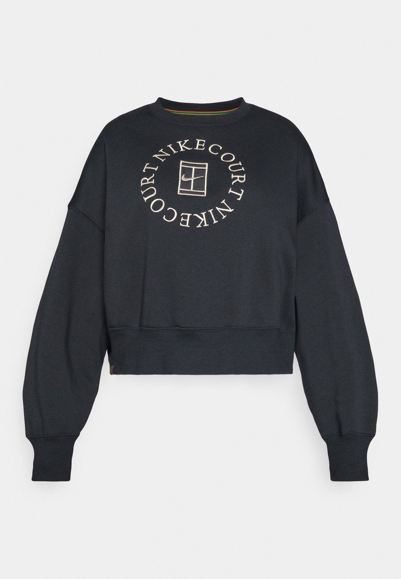 Schwarzer, taillierter Sweatshirt mit langen Ärmeln, gerippten Bündchen und kreisförmigem "NIKECOURT"-Schriftzug um ein Tennisplatz-Logo auf der Brust.