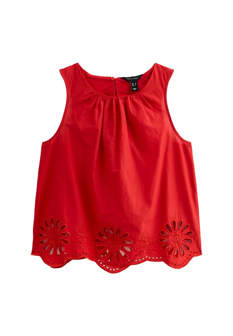 Rotes ärmelloses Oberteil mit gerafftem Kragen, floralen Ausschnitten am Saum und einem sichtbaren Etikett auf der Rückseite. Hergestellt aus leichtem Stoff.