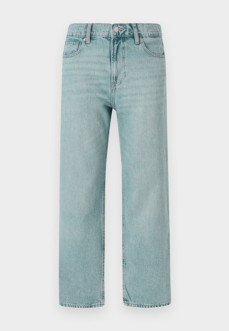Hellblaue weit geschnittene Jeans aus Denim, mit einem klassischen Fünf-Taschen-Design, klaren Linien und einem regulären Bund mit Knopfverschluss.