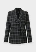 Schwarz-gestreifter Blazer in Schwarz und Grau mit Reverskragen, doppelt knöpfbarer Vorderseite, zwei Fronttaschen und strukturiertem Stoff.