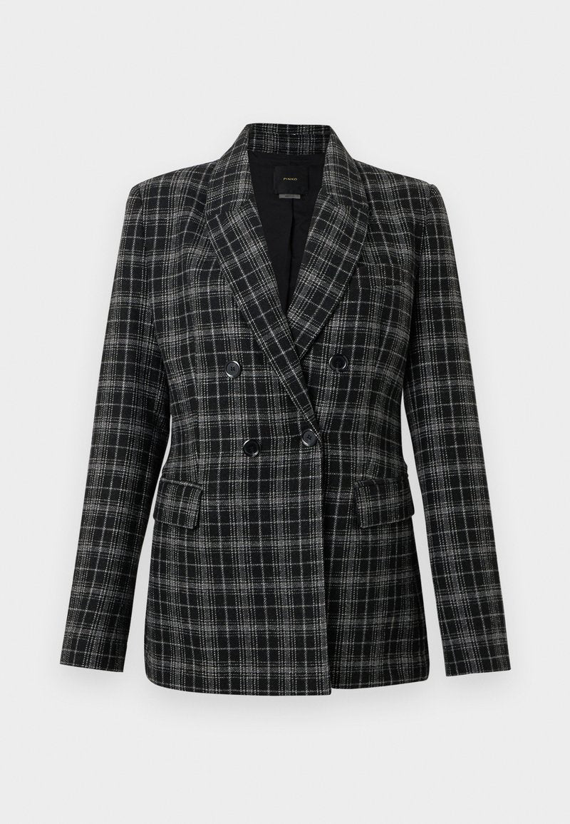Schwarz-gestreifter Blazer in Schwarz und Grau mit Reverskragen, doppelt knöpfbarer Vorderseite, zwei Fronttaschen und strukturiertem Stoff.