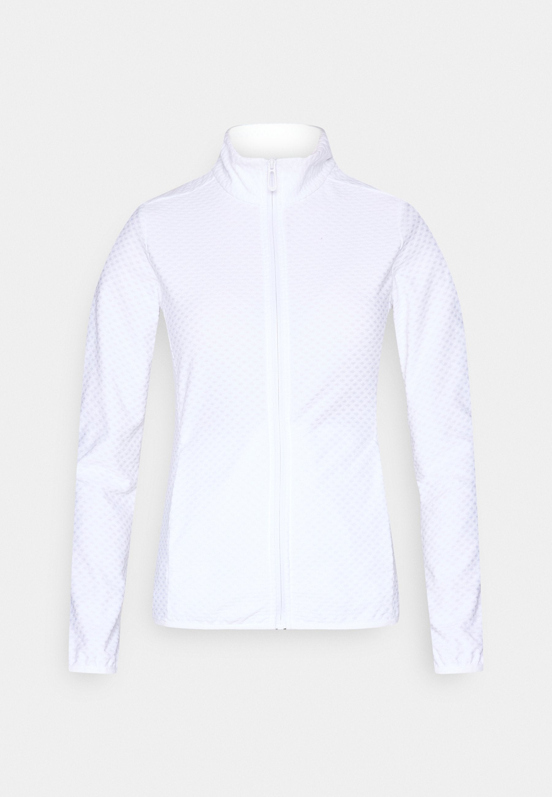 Weisse langärmelige Reißverschlussjacke mit hohem Kragen und dezentem, strukturiertem Muster, vor einfarbigem Hintergrund gezeigt.