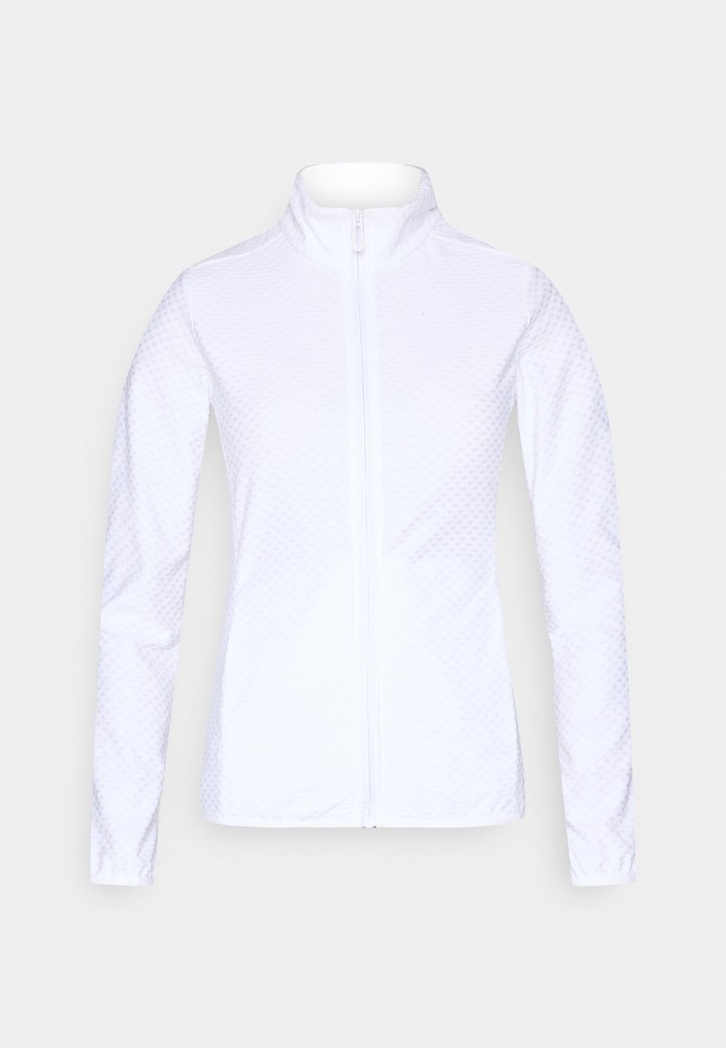 Weisse langärmelige Reißverschlussjacke mit hohem Kragen und dezentem, strukturiertem Muster, vor einfarbigem Hintergrund gezeigt.