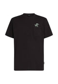 Schwarzes Baumwoll-T-Shirt mit einer Tasche auf der linken Brustseite. Es ist mit einer weißen Palme bestickt und hat kurze Ärmel.