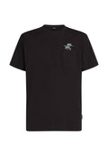 Schwarzes Baumwoll-T-Shirt mit einer Tasche auf der linken Brustseite. Es ist mit einer weißen Palme bestickt und hat kurze Ärmel.