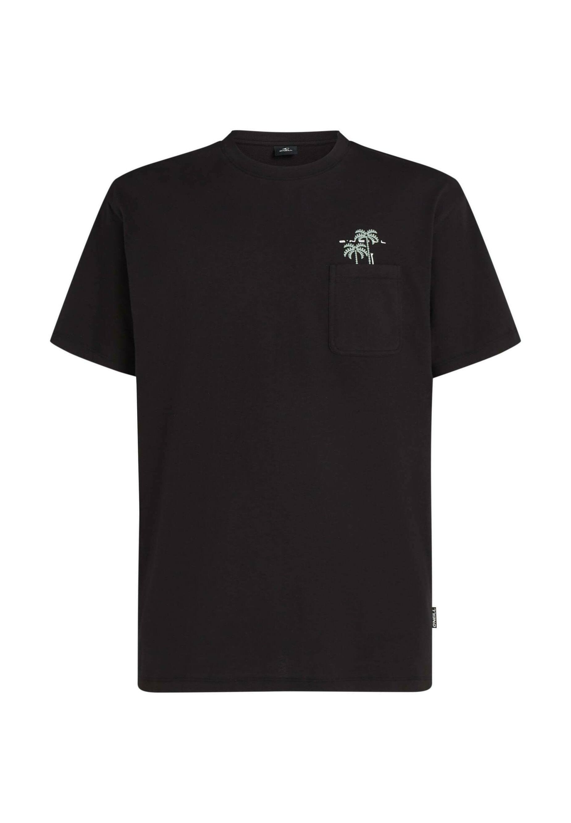 Schwarzes Baumwoll-T-Shirt mit einer Tasche auf der linken Brustseite. Es ist mit einer weißen Palme bestickt und hat kurze Ärmel.
