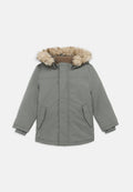 Grau isolierte Parka mit einer Kapuze aus Kunstfell, zwei frontalen Taschen, gerippten Bündchen und einem Reißverschluss vorne. Hat eine glatte Textur.