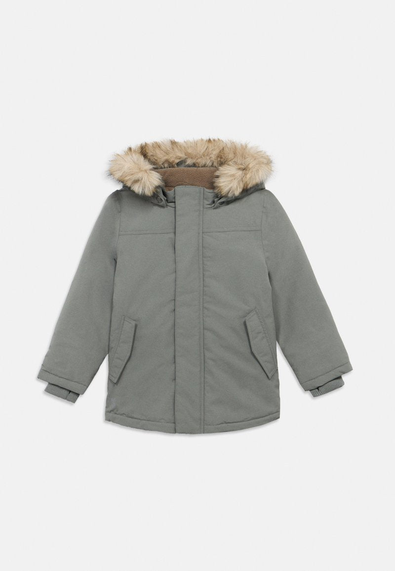 Grau isolierte Parka mit einer Kapuze aus Kunstfell, zwei frontalen Taschen, gerippten Bündchen und einem Reißverschluss vorne. Hat eine glatte Textur.