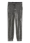 Schwarz und silberner gemusterter Hosen mit glänzendem, strukturiertem Finish, elastischem Bund, Kordelzug und Seitentaschen.