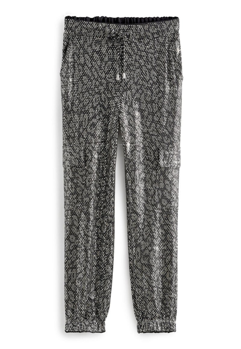Schwarz und silberner gemusterter Hosen mit glänzendem, strukturiertem Finish, elastischem Bund, Kordelzug und Seitentaschen.
