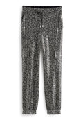 Schwarz und silberner gemusterter Hosen mit glänzendem, strukturiertem Finish, elastischem Bund, Kordelzug und Seitentaschen.