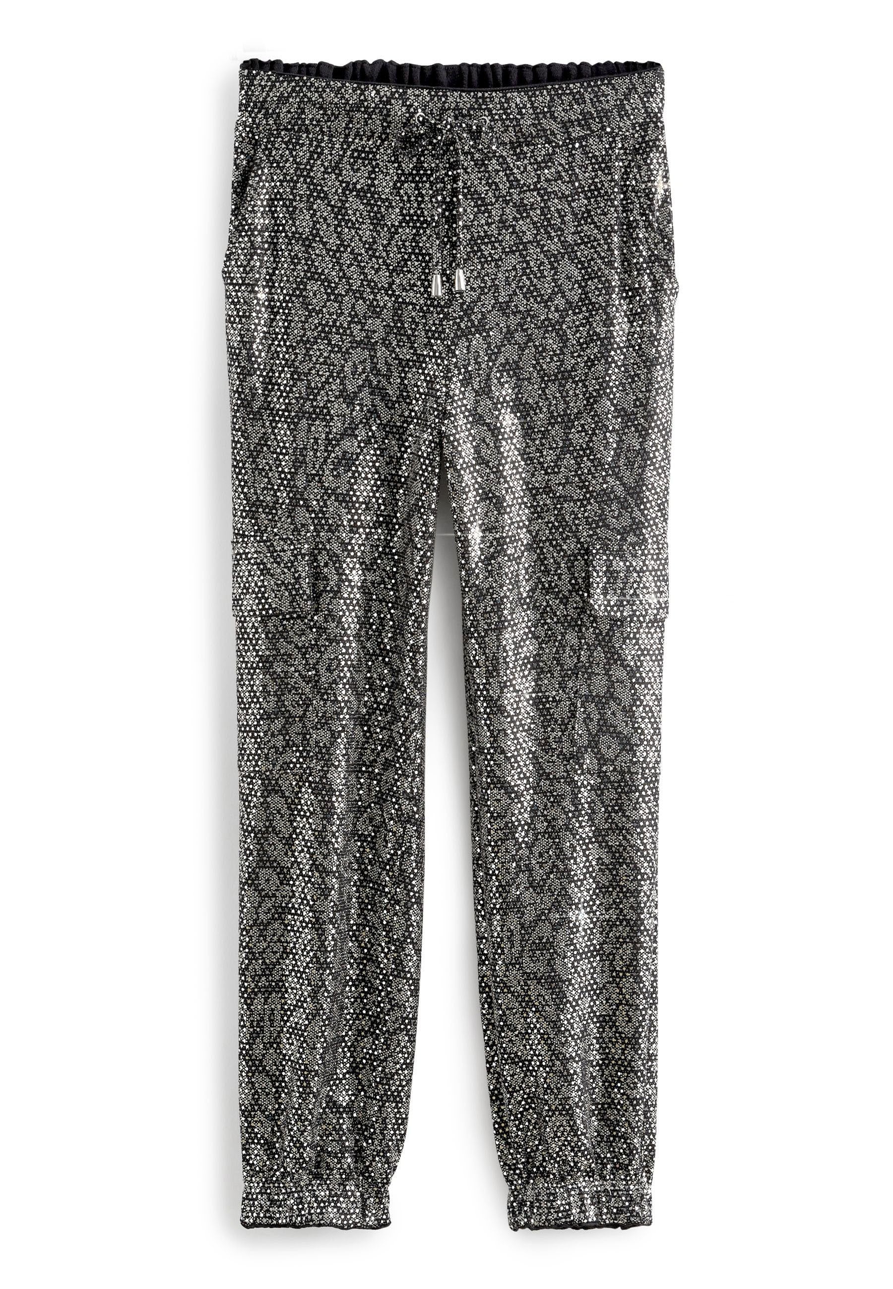 Schwarz und silberner gemusterter Hosen mit glänzendem, strukturiertem Finish, elastischem Bund, Kordelzug und Seitentaschen.