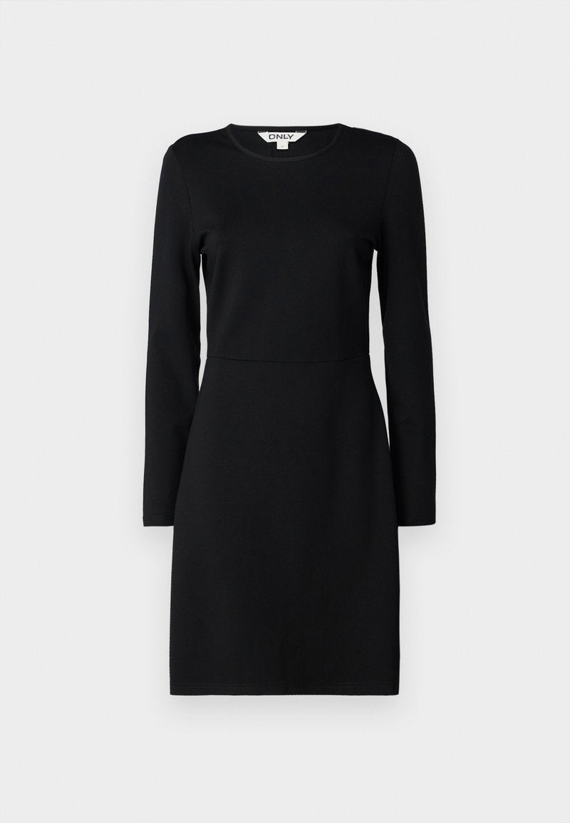 Schwarzes langärmliges Kleid mit Rundhalsausschnitt. Figurbetonte Silhouette mit einer Nahtdetails in der Taille. Weicher Stoff, glatte Textur. Keine Muster oder Verzierungen.