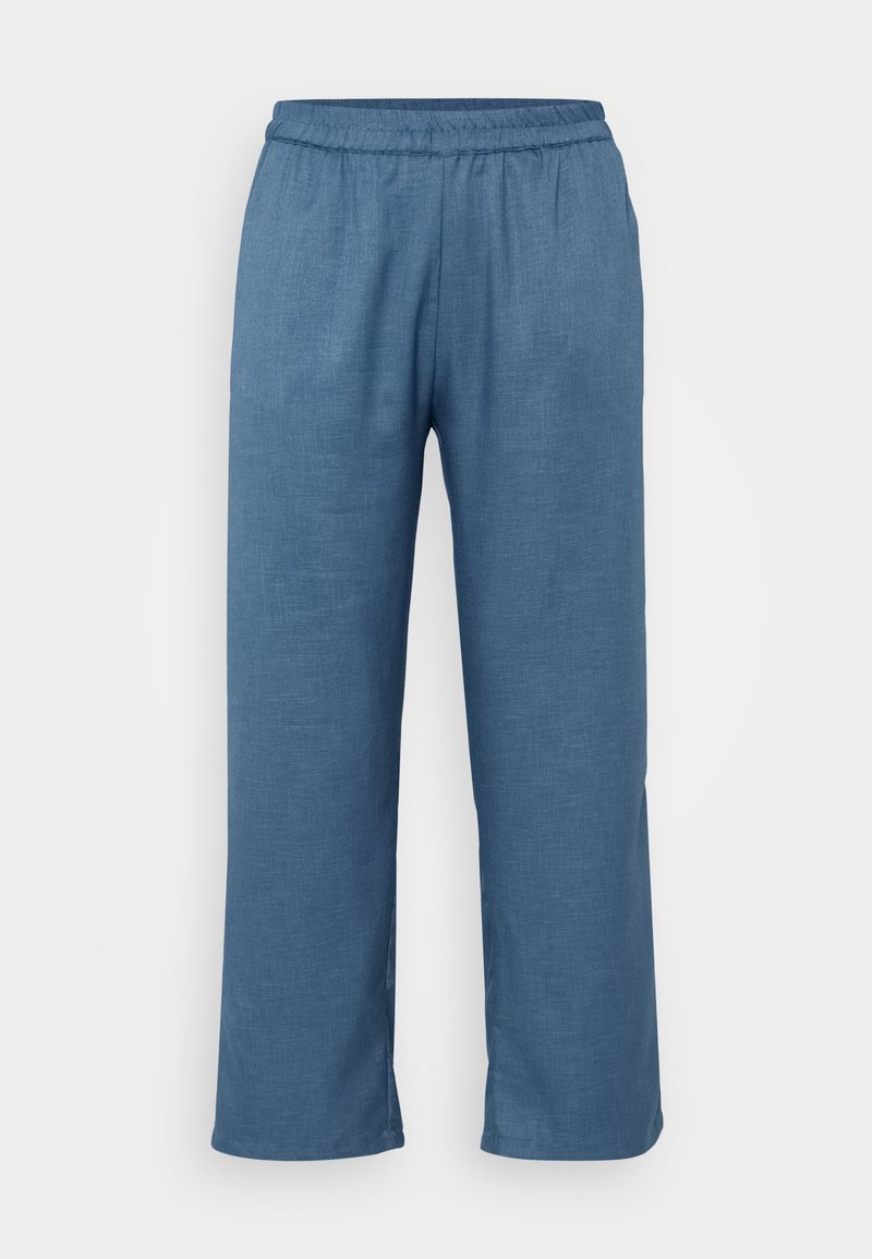 Blaue Leinenhose mit entspannter Passform, ausgestattet mit einem elastischen Bund und geradem Bein. Glatte Textur, minimale Details und keine Taschen.