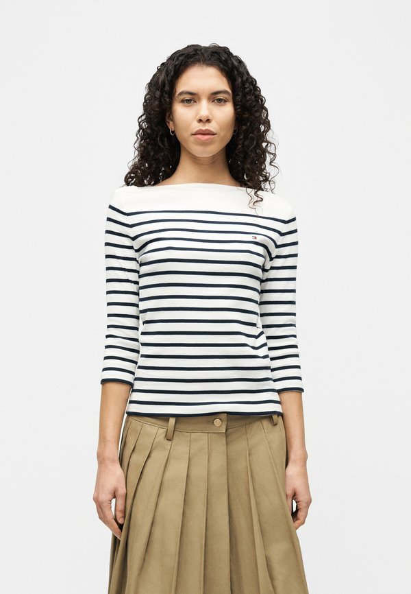 Tommy Hilfiger SLIM FIT - Long sleeved top - ecru/dark night navy