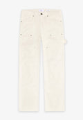 Hellbeige Hosen aus strukturiertem Stoff, mit Front- und Seitentaschen, Metallbeschlägen und geprägtem Logo-Detailing an den Beinen.