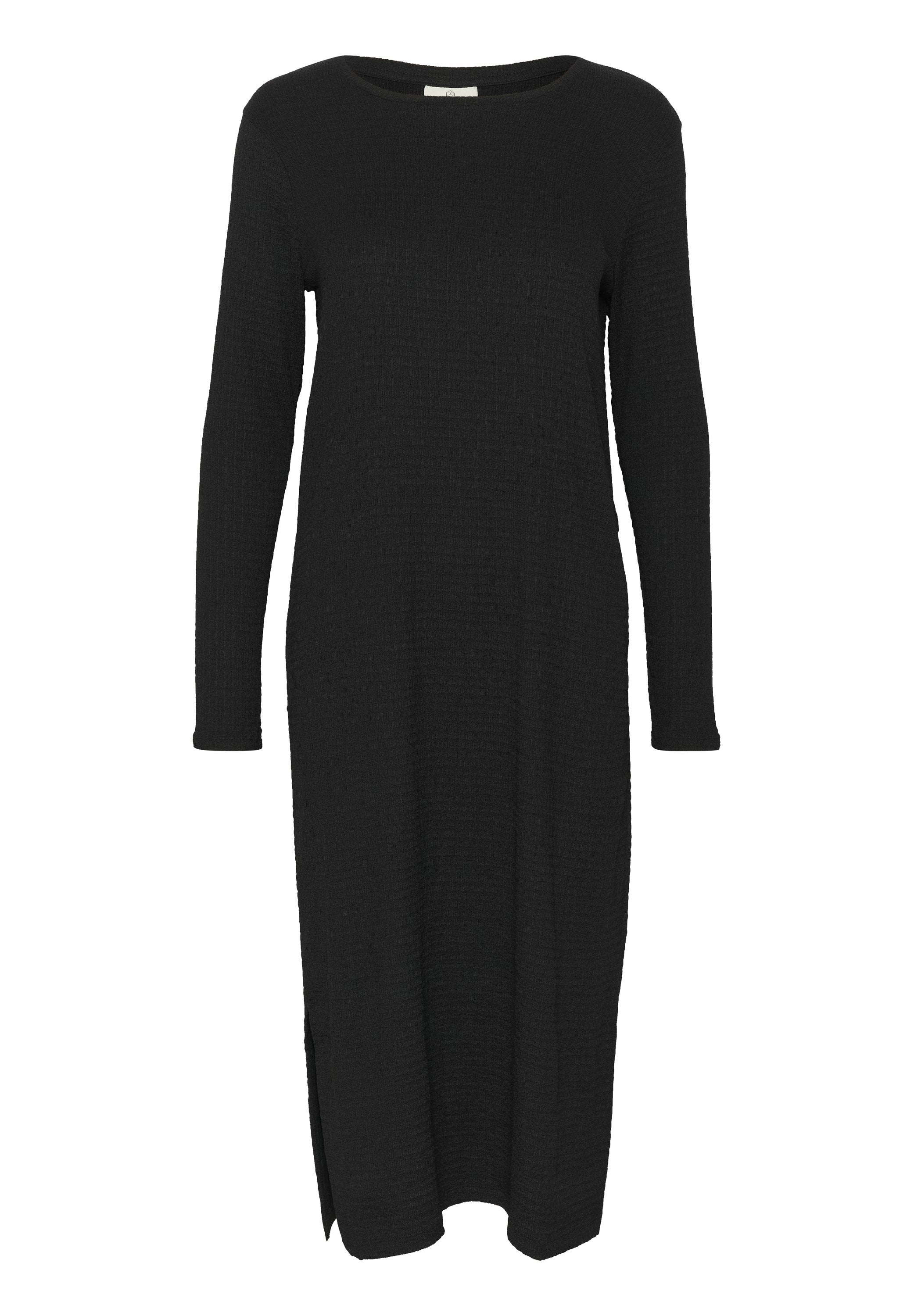 Schwarzes langärmliges Kleid aus strukturiertem Stoff, mit runden Ausschnitt, seitlichen Schlitzern und mittellanger Länge bis zur Wade, entworfen für einen lässigen Sitz.