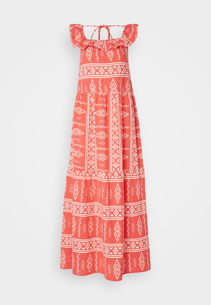 Maxikleid aus korallenfarbenem Stoff mit weißen geometrischen Mustern, gerafften Schultern und einem gebundenen Rücken für eine verstellbare Passform.