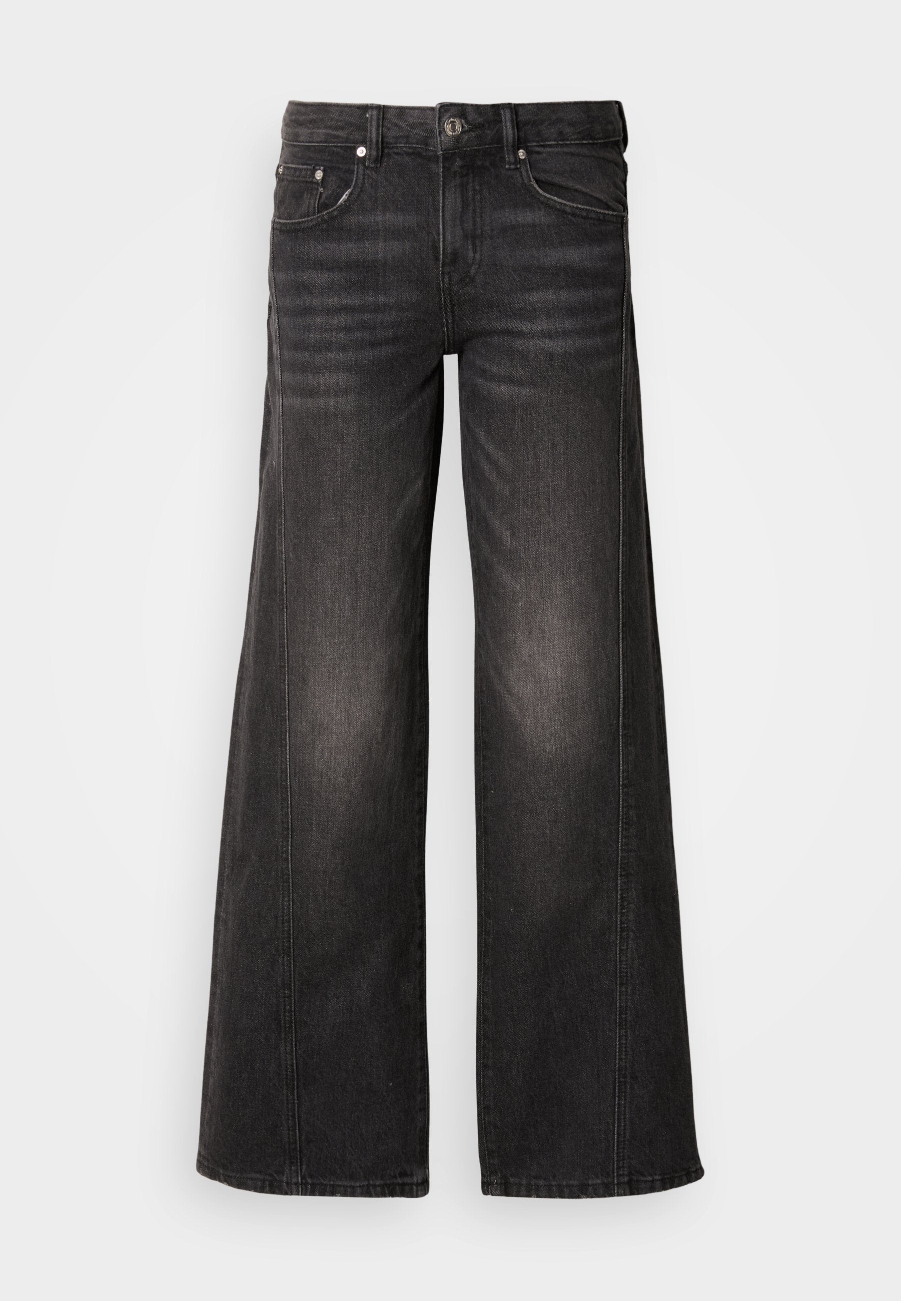 Schwarze Jeans mit weitem Bein, ausgewaschenen Details, Fünf-Taschen-Design sowie Knopf- und Reißverschluss.