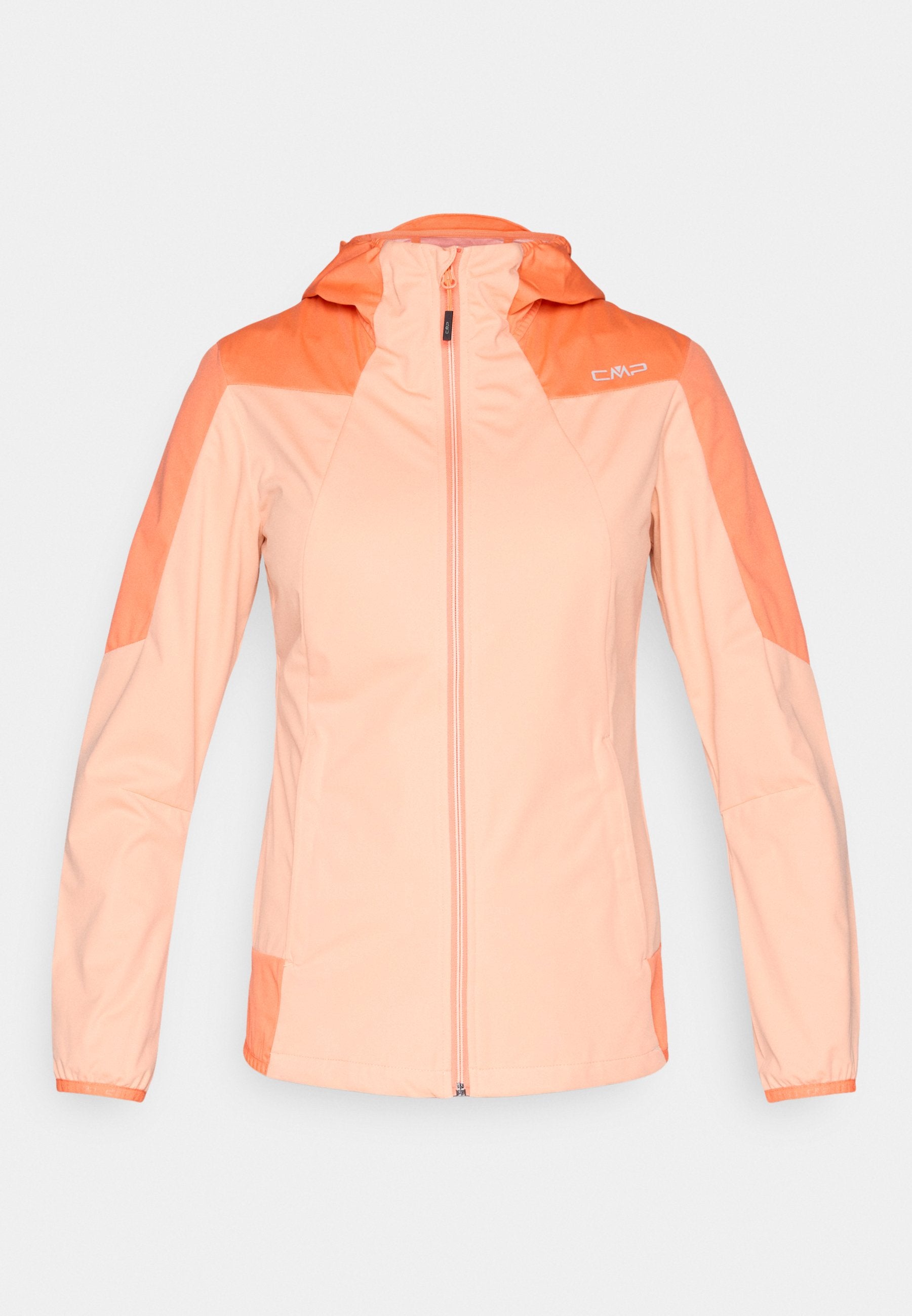Leichte Damenjacke mit Kapuze und Frontreißverschluss in hellen Pfirsich- und Orangetönen, mit langen Ärmeln und seitlichen Taschen.