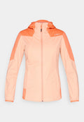 Leichte Damenjacke mit Kapuze und Frontreißverschluss in hellen Pfirsich- und Orangetönen, mit langen Ärmeln und seitlichen Taschen.