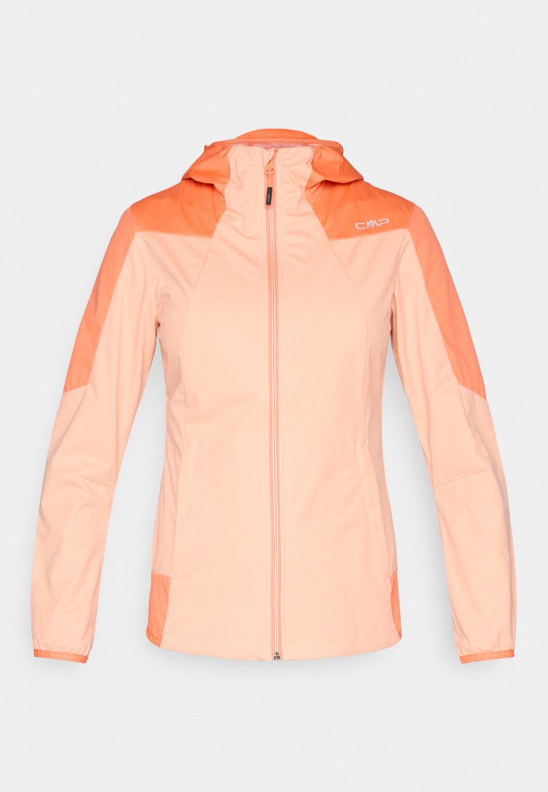 Leichte Damenjacke mit Kapuze und Frontreißverschluss in hellen Pfirsich- und Orangetönen, mit langen Ärmeln und seitlichen Taschen.