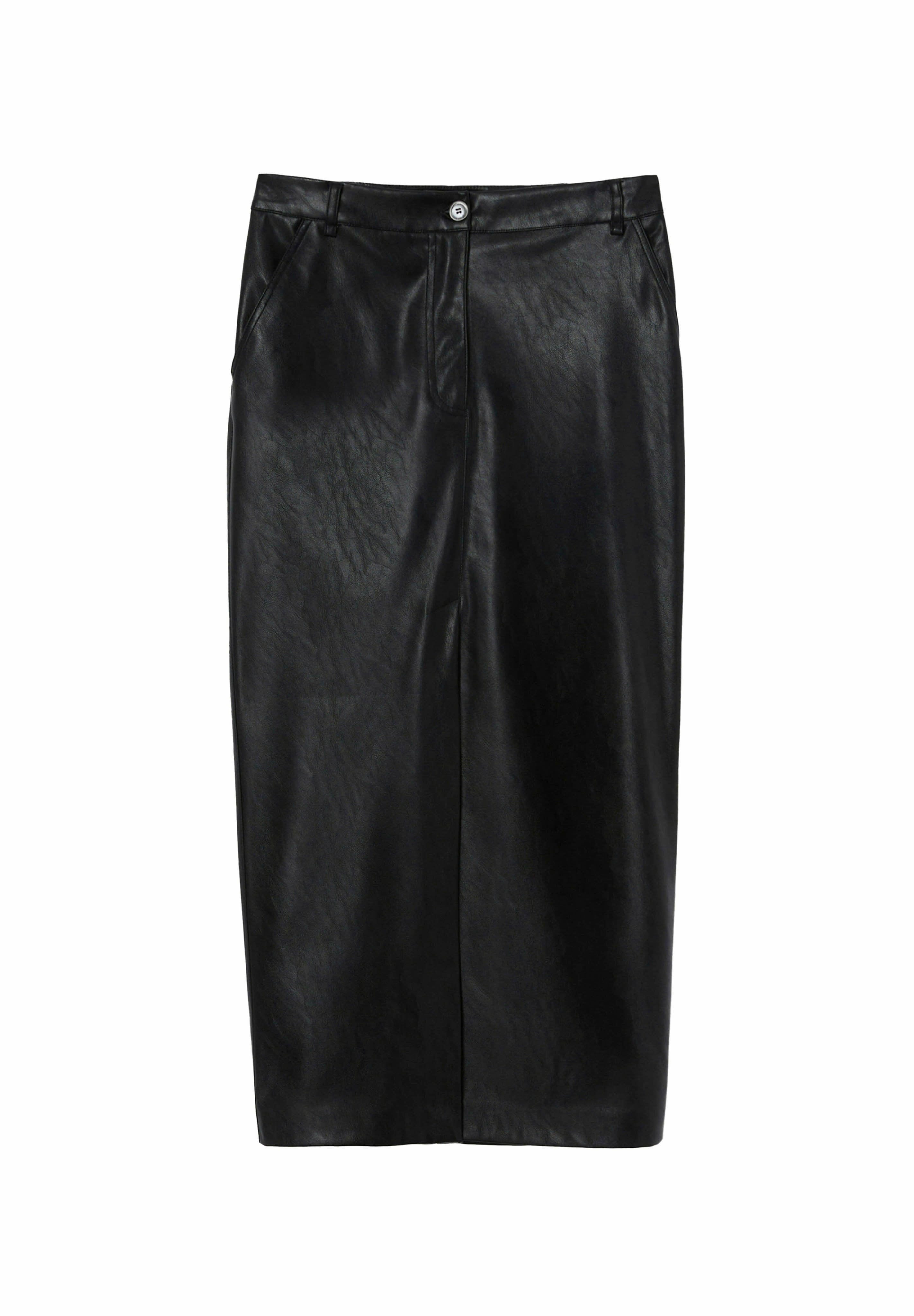 Schwarze plissierte Midi-Rock aus Kunstleder, mit einer glatten Textur, Vorderaschen und einem einreihigen Knopfverschluss am Bund.
