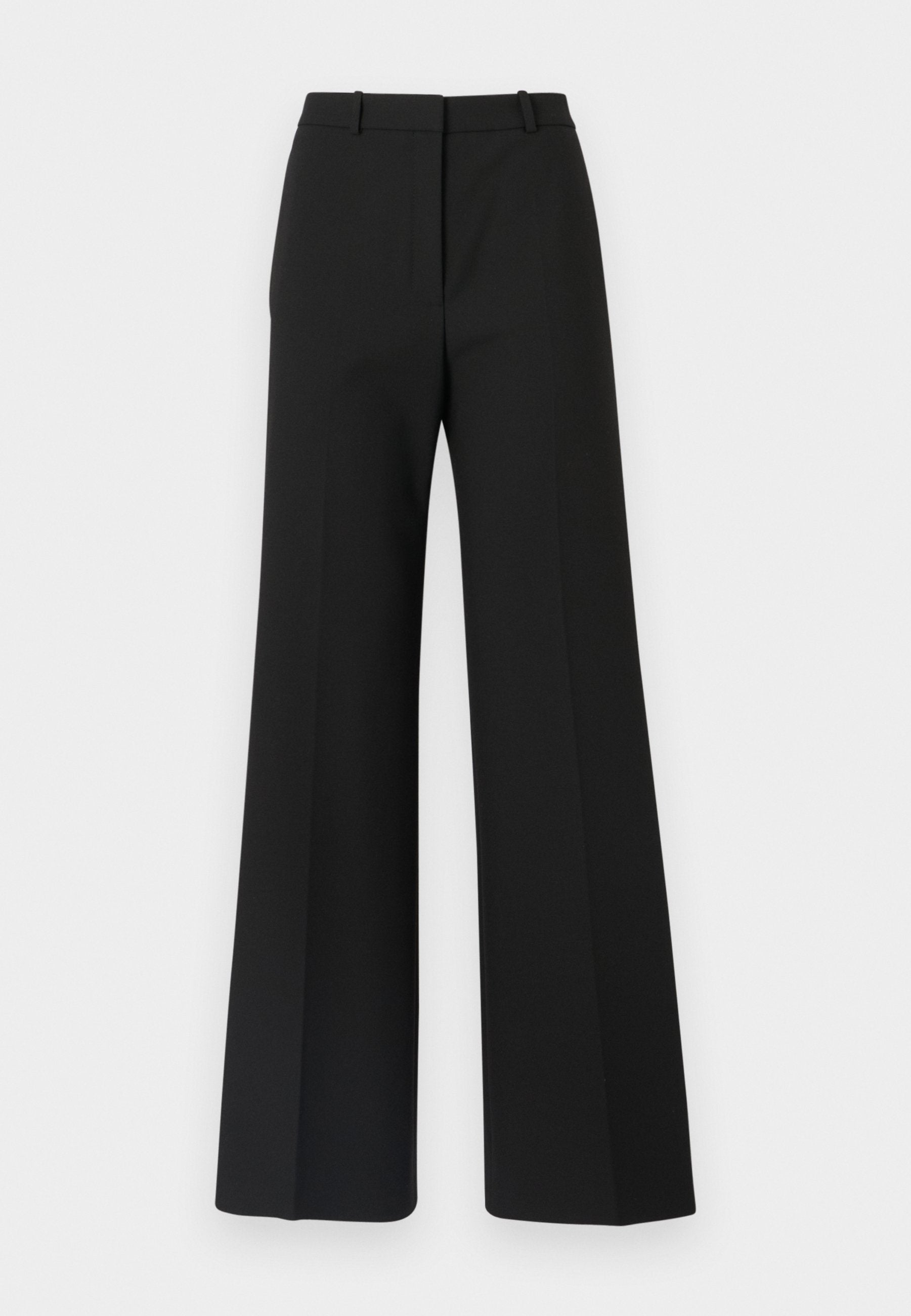 Schwarze weite Hosen mit maßgeschneidertem Design, das eine glatte Textur und subtile Falten an der Vorderseite aufweist. Keine sichtbaren Beschläge oder Muster.