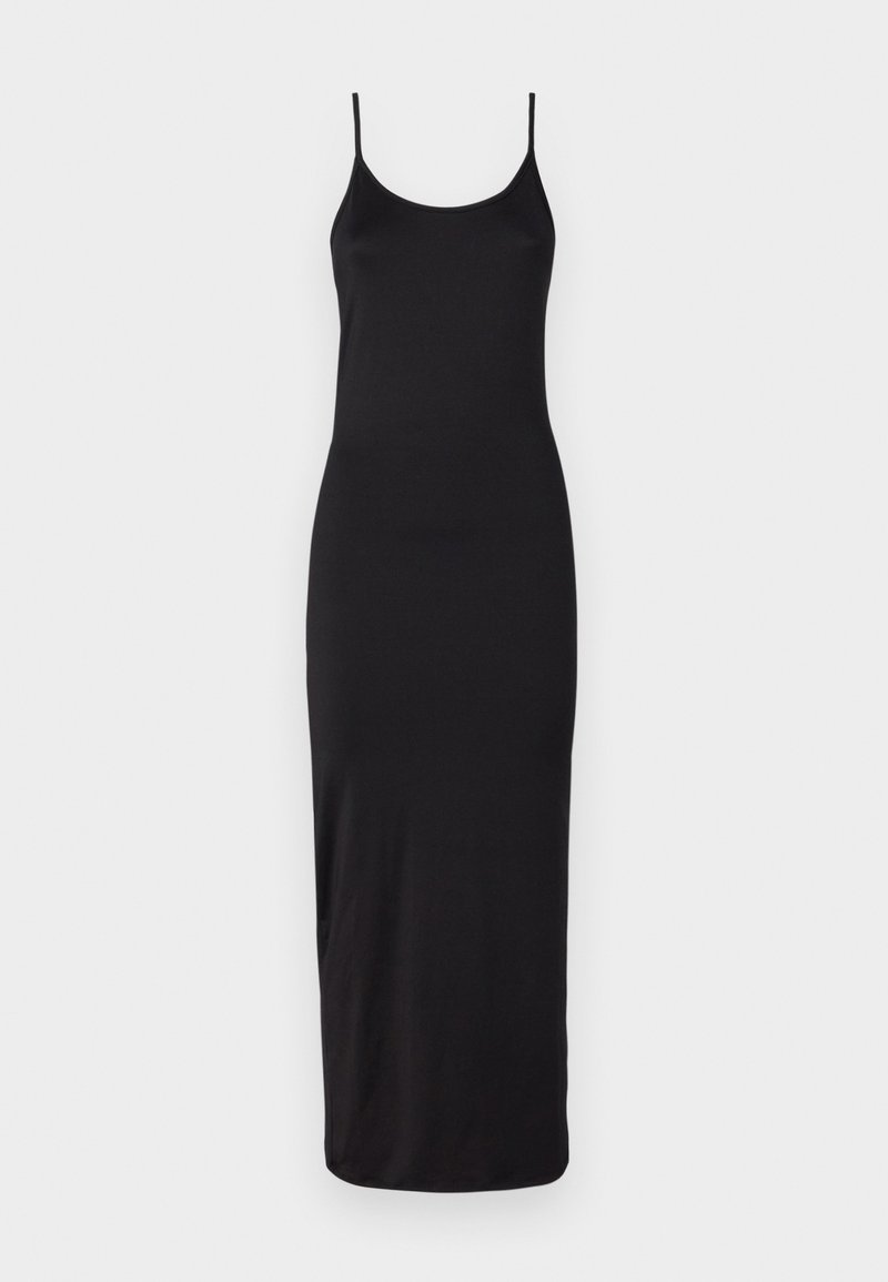 Schwarzes Maxikleid mit Spaghetti-Trägern, aus einem weichen, glatten Stoff gefertigt. Hat eine figurbetonte Silhouette und einen geraden Saum in Knöchellänge.