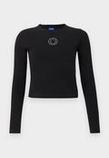Schwarzes Langarmshirt mit Rundhalsausschnitt und tailliertem Schnitt. Verfügt über ein kleines Strasssteinlogo, das mittig auf der Brust angebracht ist. Aus Baumwollmaterial.