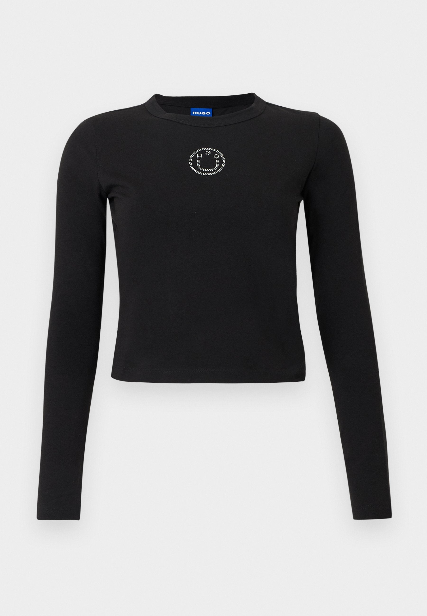 Schwarzes Langarmshirt mit Rundhalsausschnitt und tailliertem Schnitt. Verfügt über ein kleines Strasssteinlogo, das mittig auf der Brust angebracht ist. Aus Baumwollmaterial.