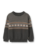 Gestrickter Pullover in Dunkelgrau mit einem geometrischen und floralen Muster in Creme und Orange, rundem Ausschnitt und gerippten Bündchen.