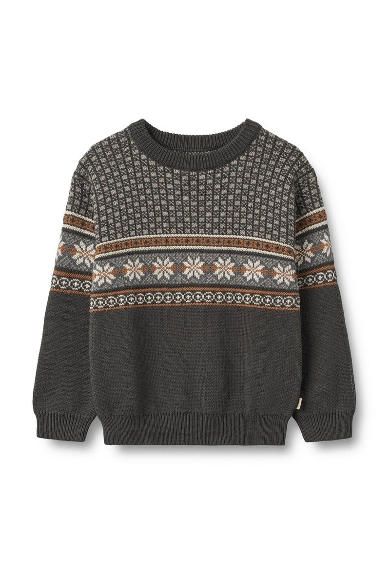 Gestrickter Pullover in Dunkelgrau mit einem geometrischen und floralen Muster in Creme und Orange, rundem Ausschnitt und gerippten Bündchen.