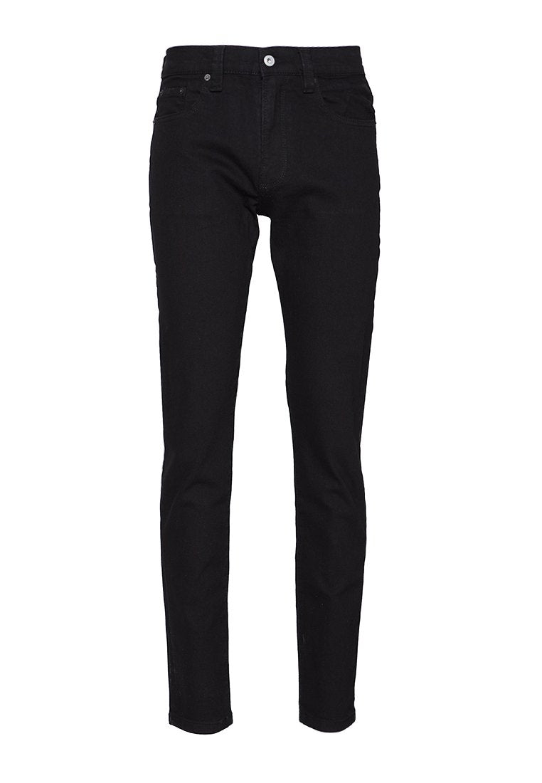 Schwarze Denim-Jeans, slim fit, mit Fünf-Taschen-Design, ausgestattet mit einem frontalen Knopfverschluss und einer glatten, strukturierten Oberfläche.