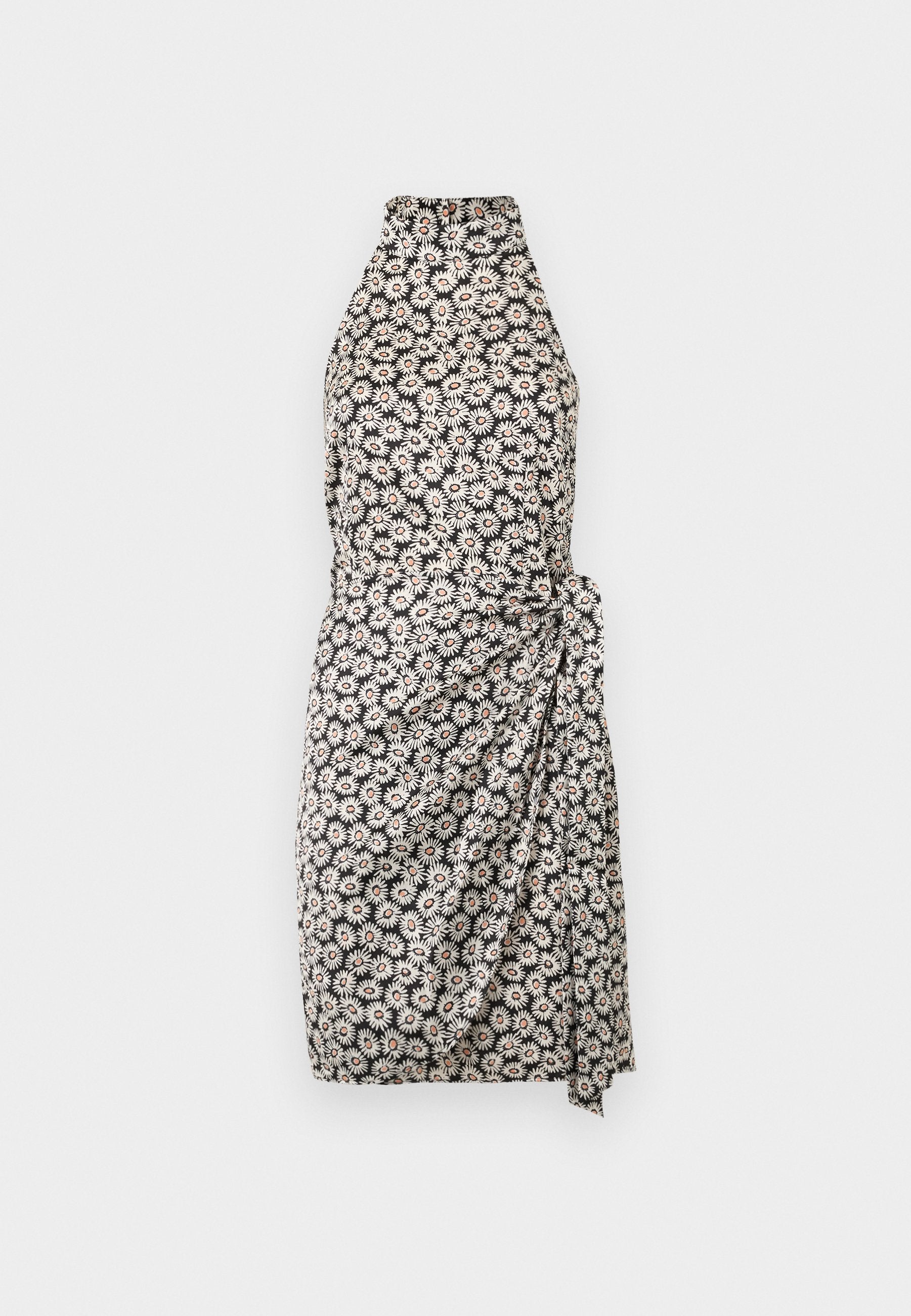 Schwarz-weißes Blumenkleid mit hohem Ausschnitt, Wickeldesign und seitlichem Bindeband. Es verfügt über ein Muster von gänseblümchenähnlichen Blumen.