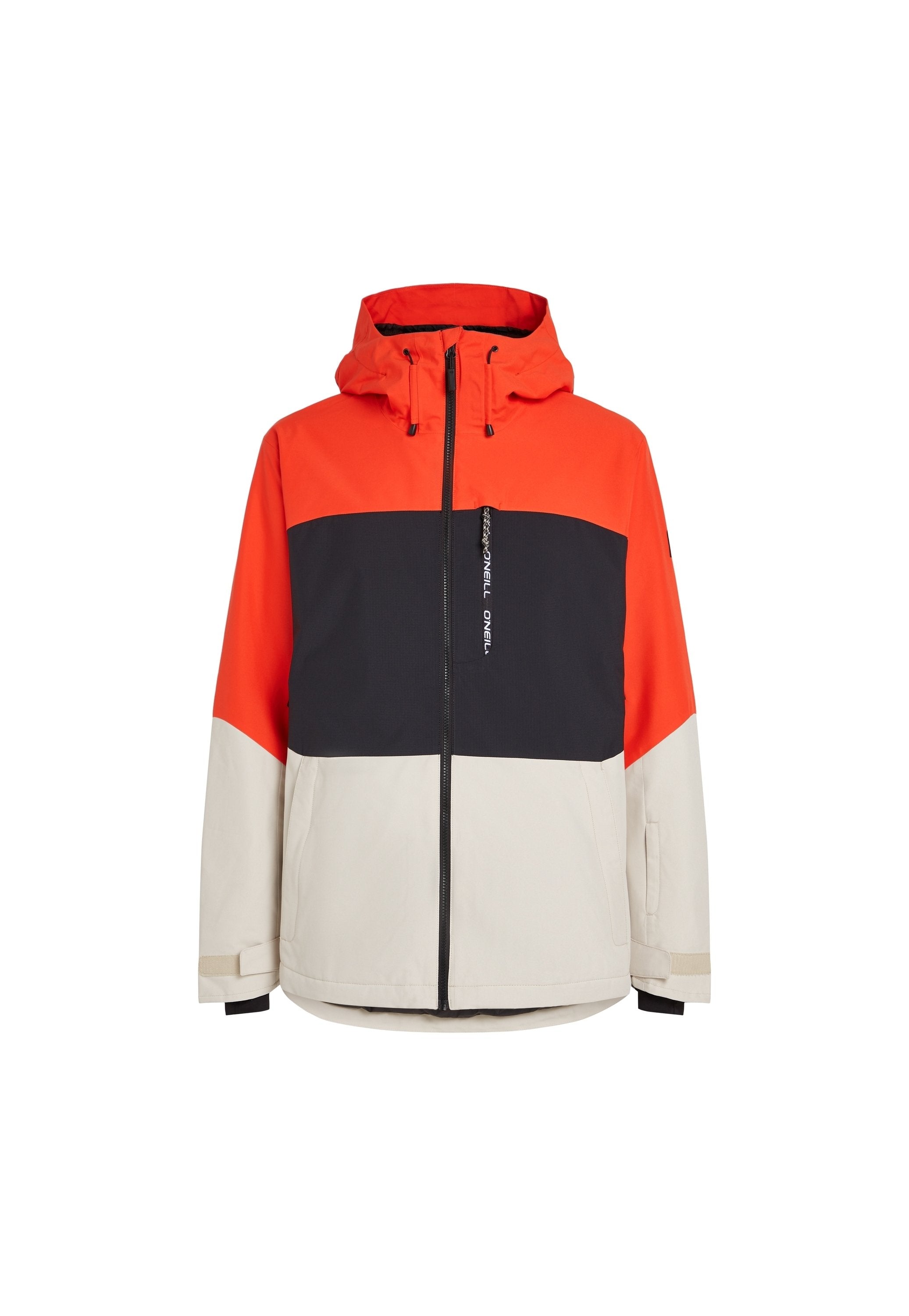Farbenblockierte Jacke mit orangefarbenen, marineblauen und cremefarbenen Abschnitten. Aus strapazierfähigem Material gefertigt, mit einem Reißverschluss vorne und verstellbarem Kapuzenkragen.