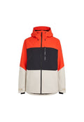 Farbenblockierte Jacke mit orangefarbenen, marineblauen und cremefarbenen Abschnitten. Aus strapazierfähigem Material gefertigt, mit einem Reißverschluss vorne und verstellbarem Kapuzenkragen.