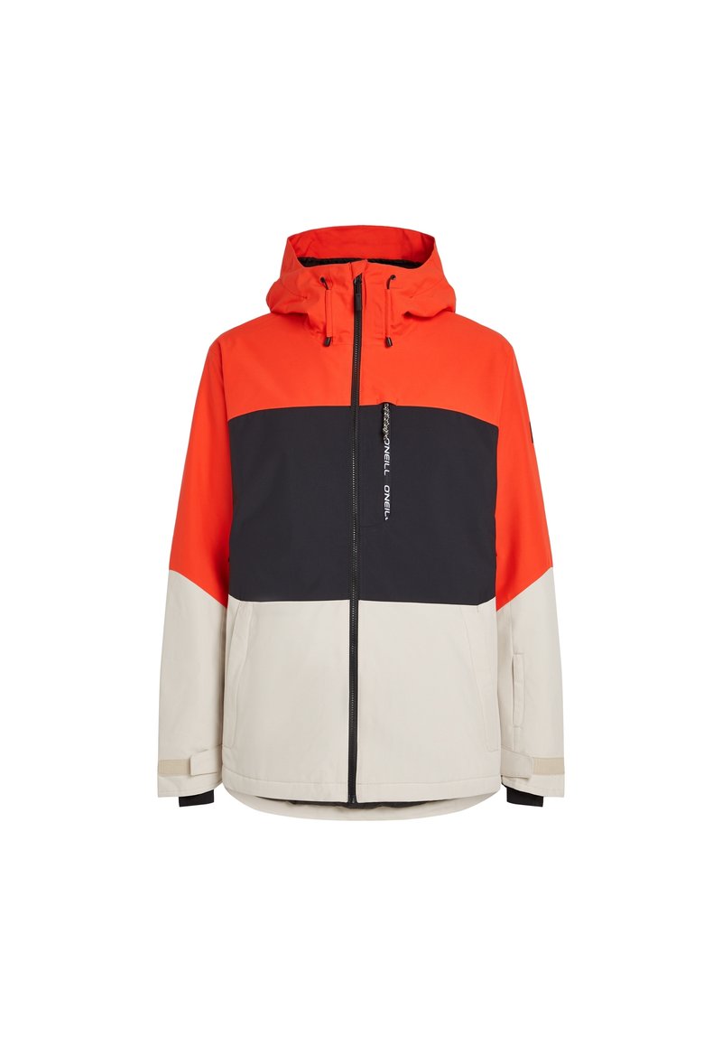 Farbenblockierte Jacke mit orangefarbenen, marineblauen und cremefarbenen Abschnitten. Aus strapazierfähigem Material gefertigt, mit einem Reißverschluss vorne und verstellbarem Kapuzenkragen.