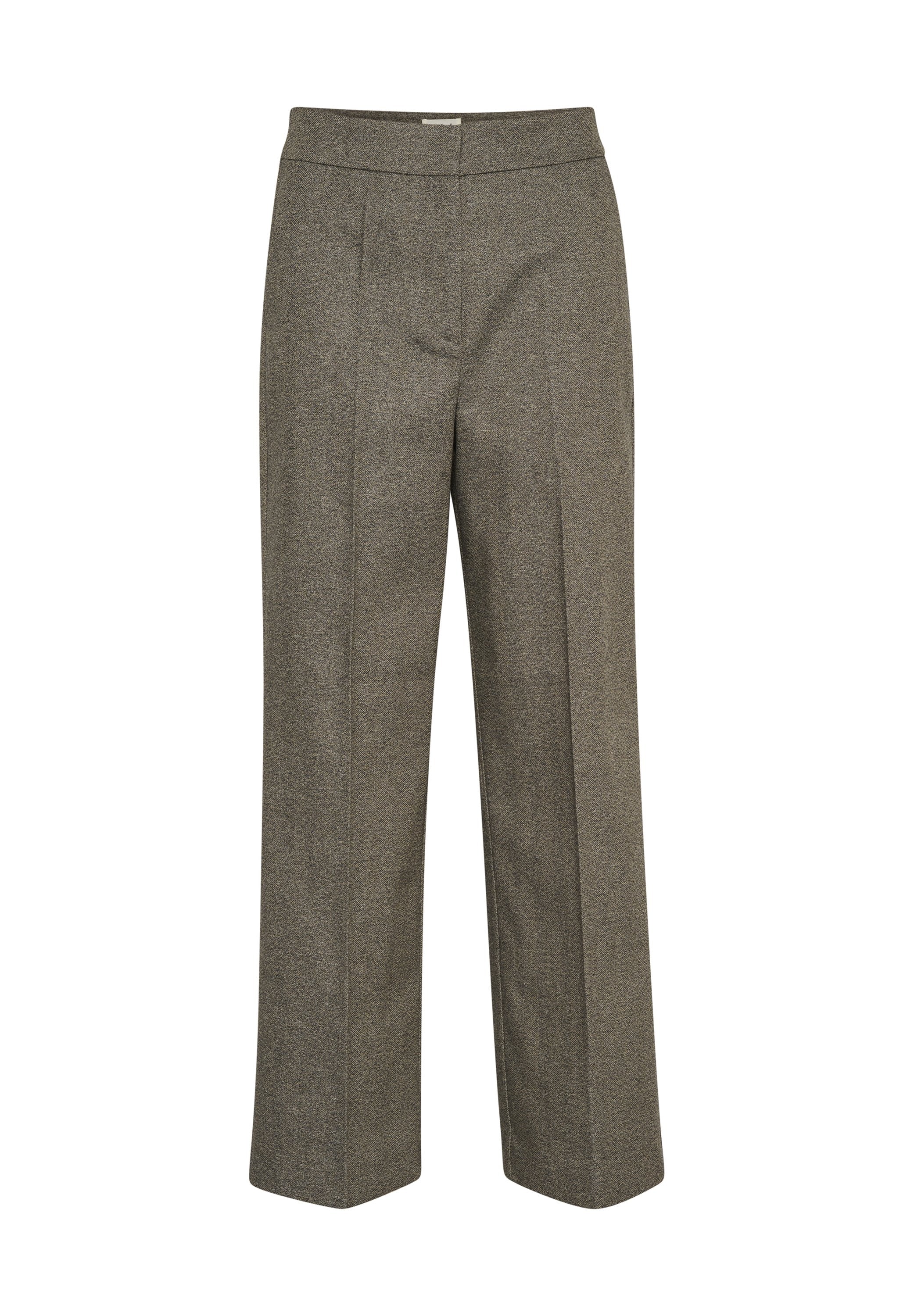 Graue, hoch taillierte Hose aus einem strukturierten Stoff, mit weiten Beinen und vorderen Falten für eine maßgeschneiderte Optik.