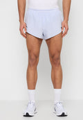 Mann trägt hellblaue Sportshorts, weiße Sportsocken und weiße Laufschuhe und steht vor einem schlichten Hintergrund.